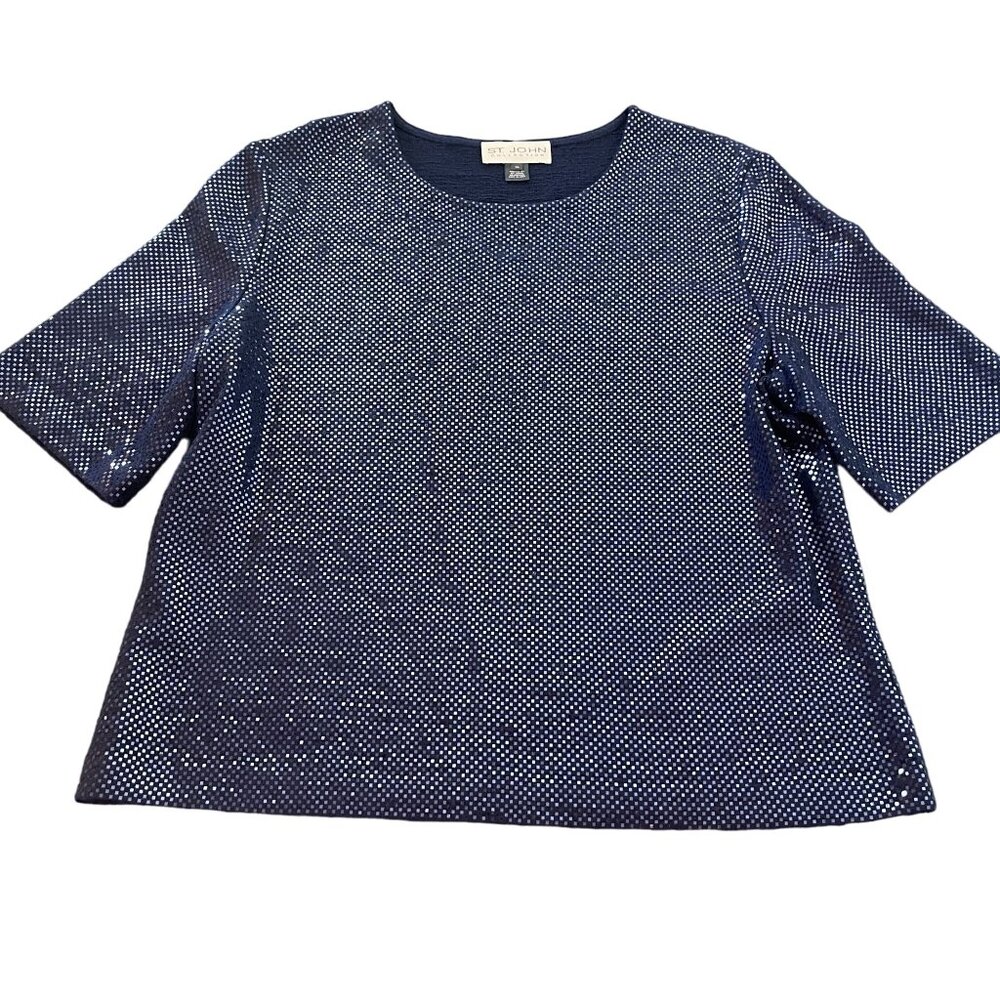 St. John Collection Women's Blue Paillettes Embellished SS Knit Top, Size XL